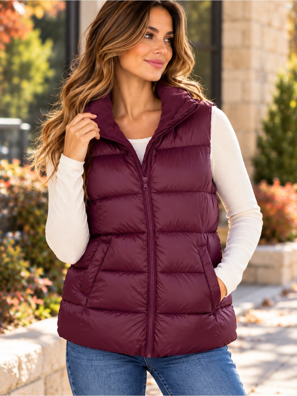 Old Navy Women's Nylon Puffer Vest Fleece-Lined Zip-Up Burgundy Purple XS